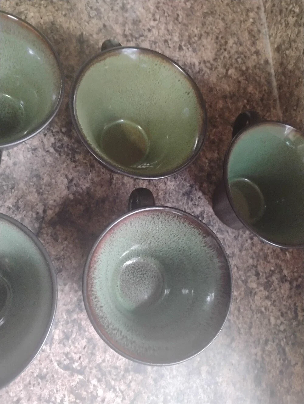 Set of 7 Vintage Gabbay by Gibson Fusion Wasabi Green & Brown Drip Glazed Mugs